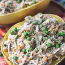 Squash stuffed with chicken pot pie.