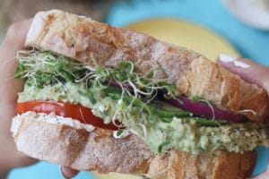 Hand holding large vegan sandwich.
