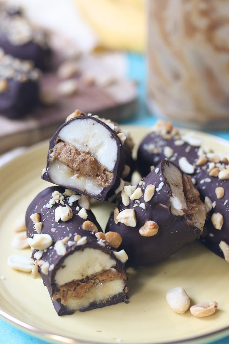 vegan Banana chocolate bars served on a yellow plate.