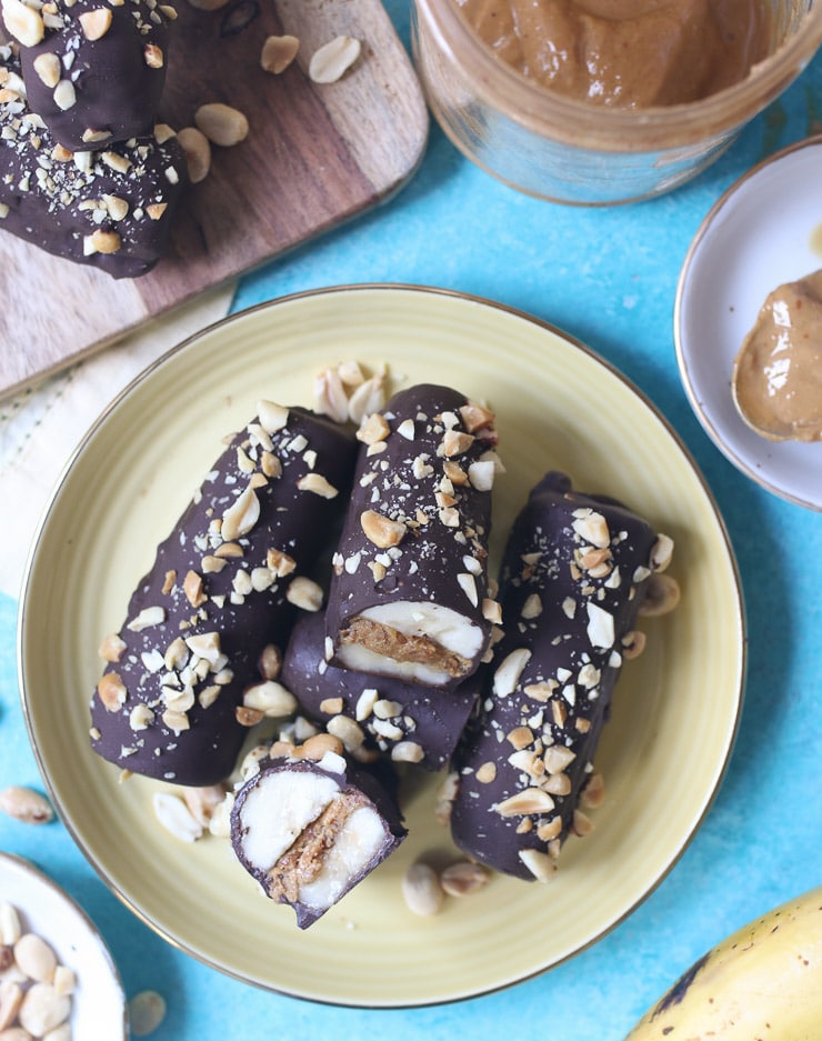 vegan Banana peanut butter chocolate bars served on a yellow plate.