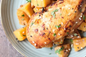 Chicken breast on plate.