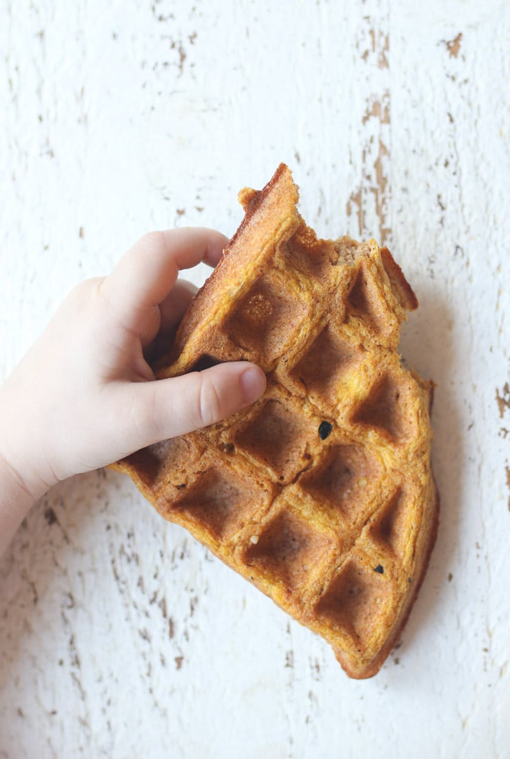 Toddler holding waffle.