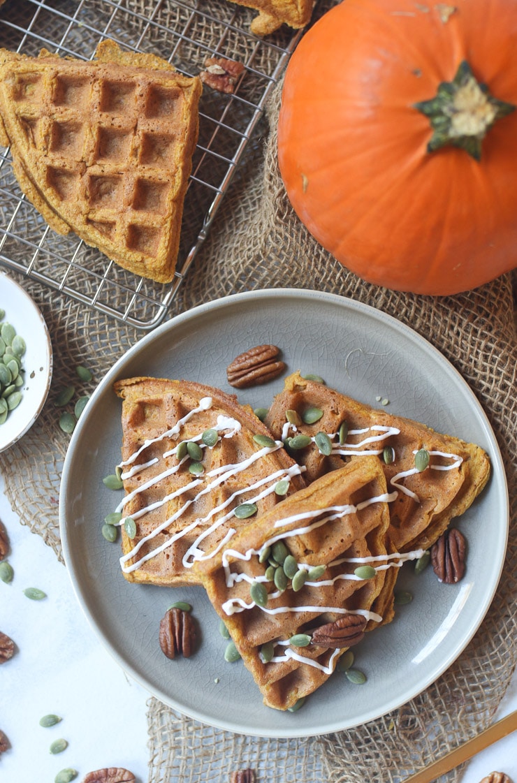 Multiple protein pumpkin waffles on a grey plate garnished with pumpkin seeds and pecans. 