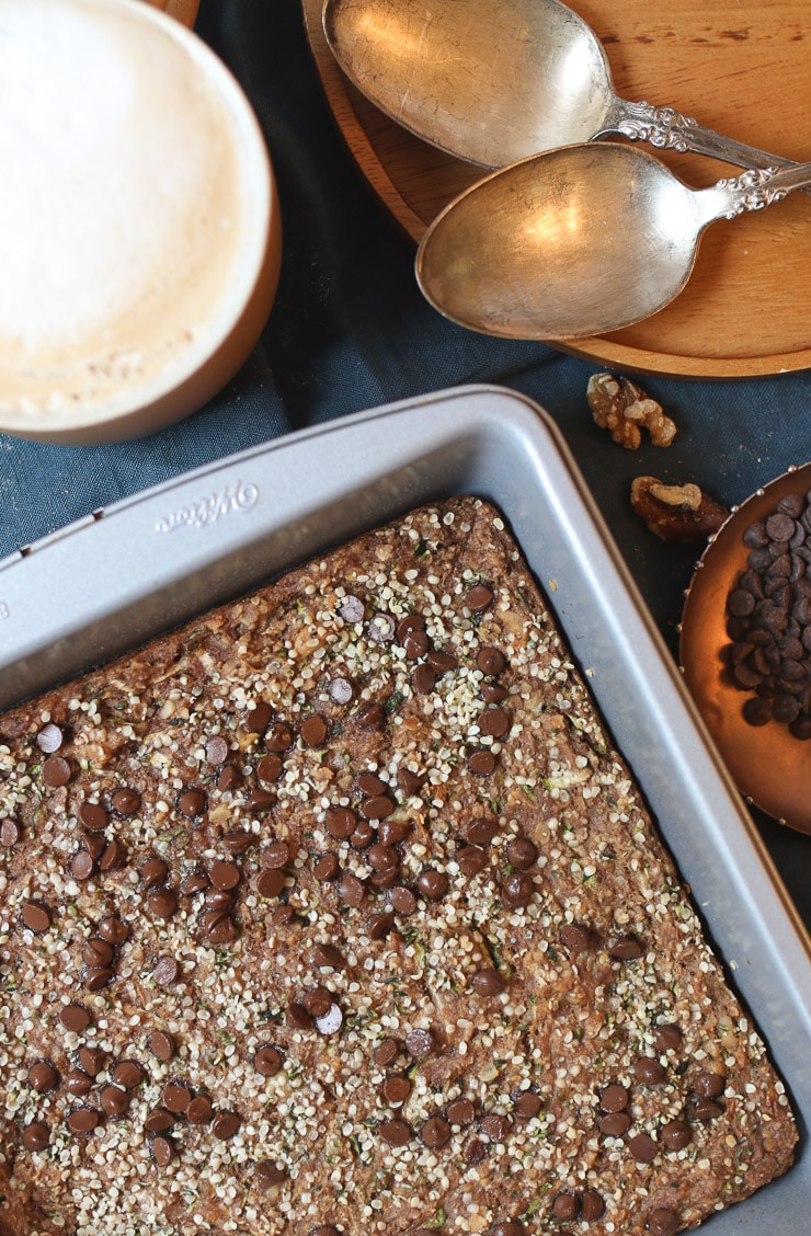 Chocolate zucchini baked oatmeal in a silver pan.