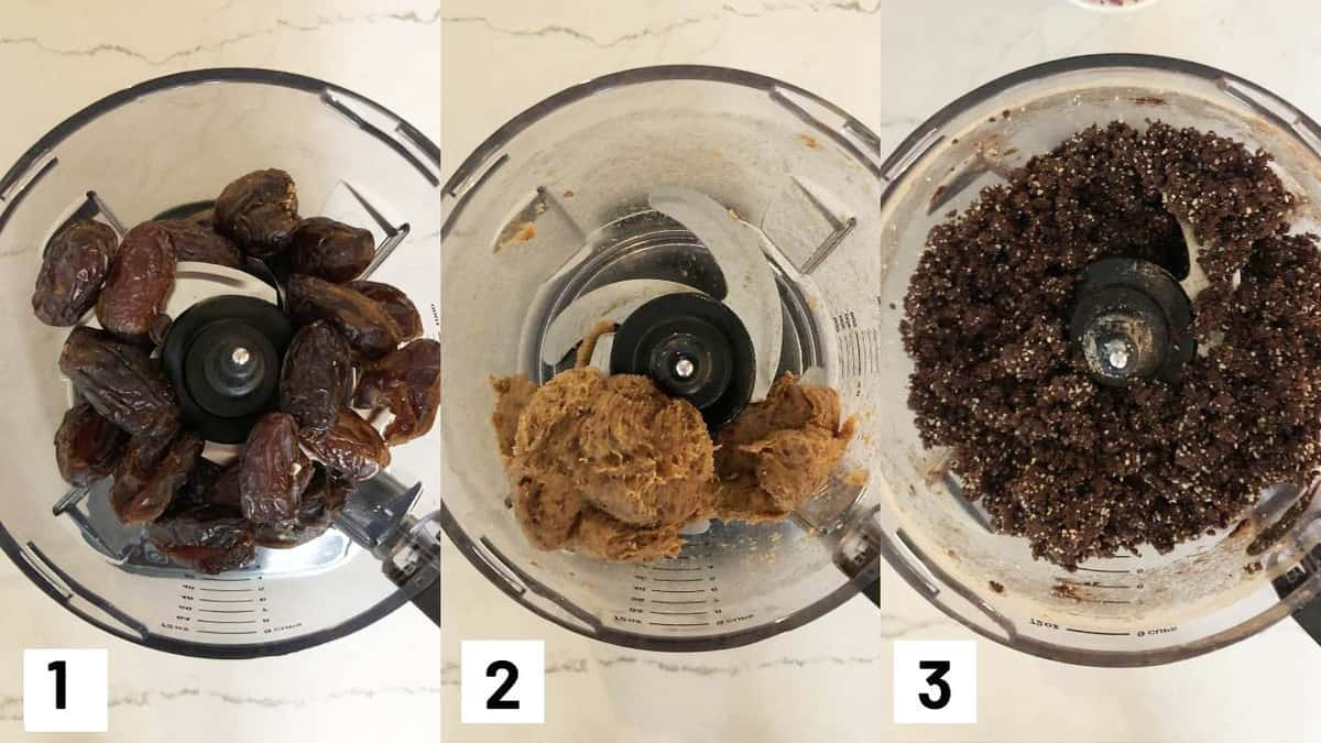 Three side by side images showing how to make the recipe including pureeing the dates and making the brownie base with almond flour, cocoa powder, coconut oil, salt, and vanilla. 