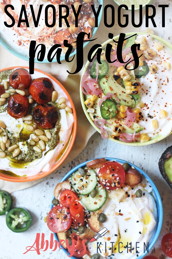 pinterest image of four greek yogurt bowls with various toppings with text overlay 