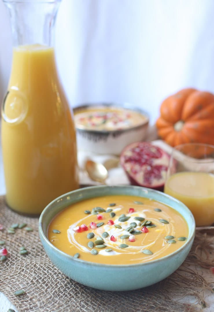 Sweet potato orange soup served in a bowl. 