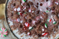 Festive bowl of oatmeal topped with crushed candy canes.