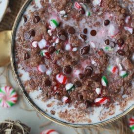 Festive bowl of oatmeal topped with crushed candy canes.