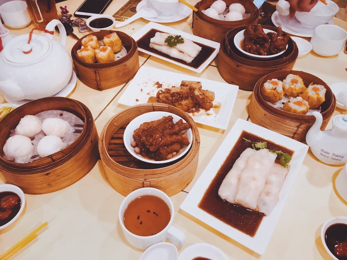 Chinese food on a table. 