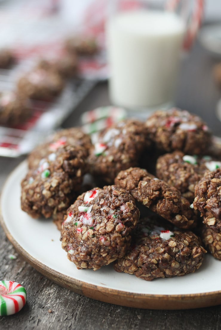 Chocolate peppermint cookies served on a white plate.