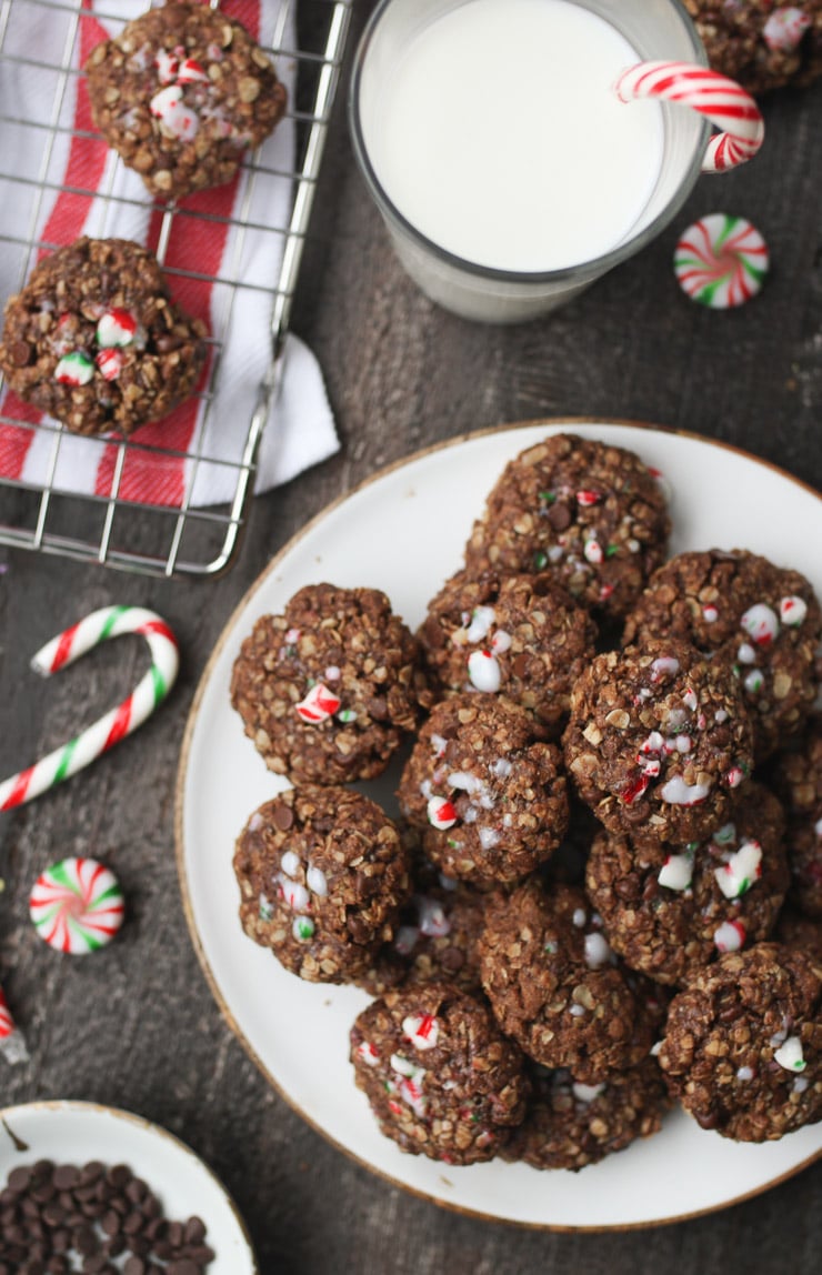 Chocolate peppermint cookies served on a white plate.