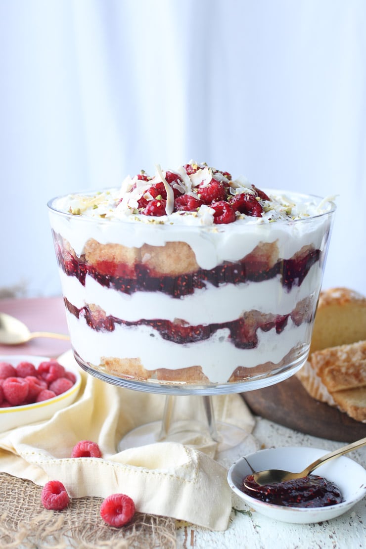 Berry trifle served in a large glass dish. 