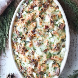 Strata in a casserole dish.