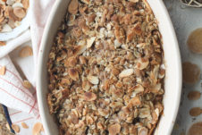 Fruit crisp in a casserole dish.