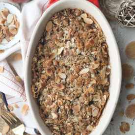 Fruit crisp in a casserole dish.