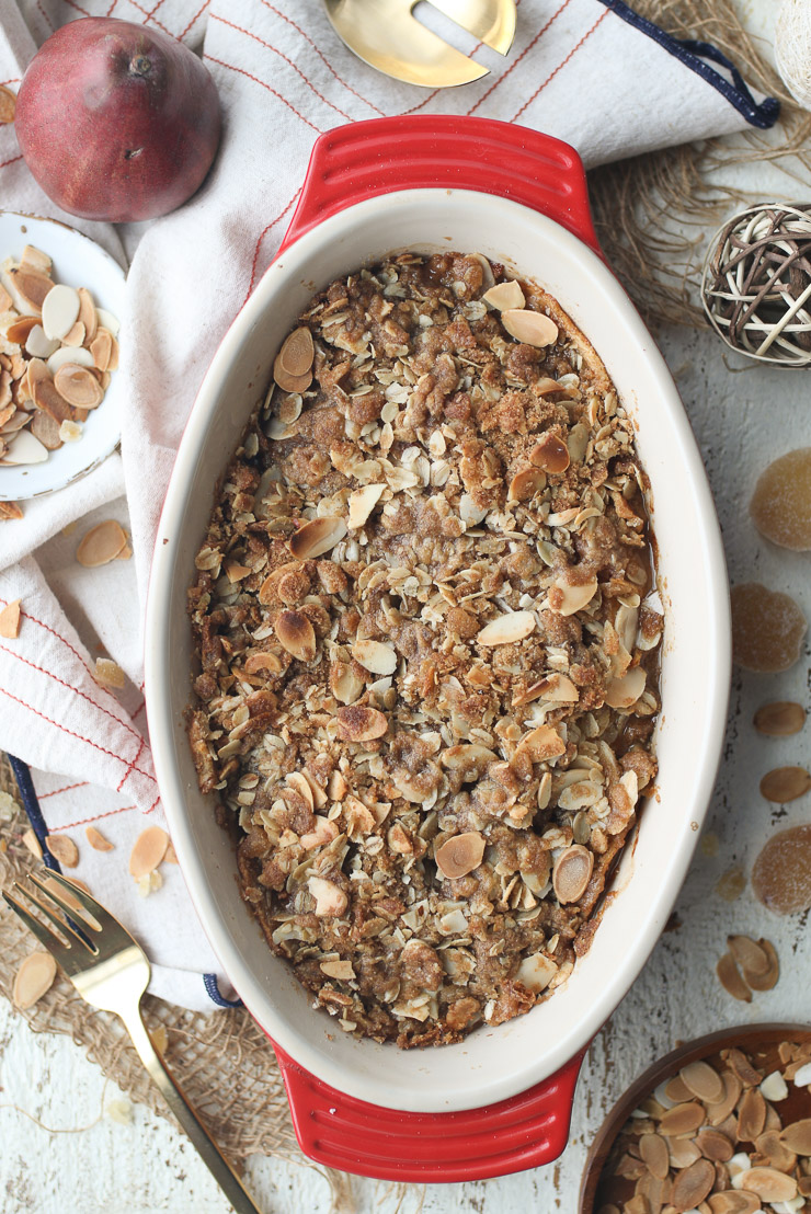 Fruit crisp in a casserole dish. 