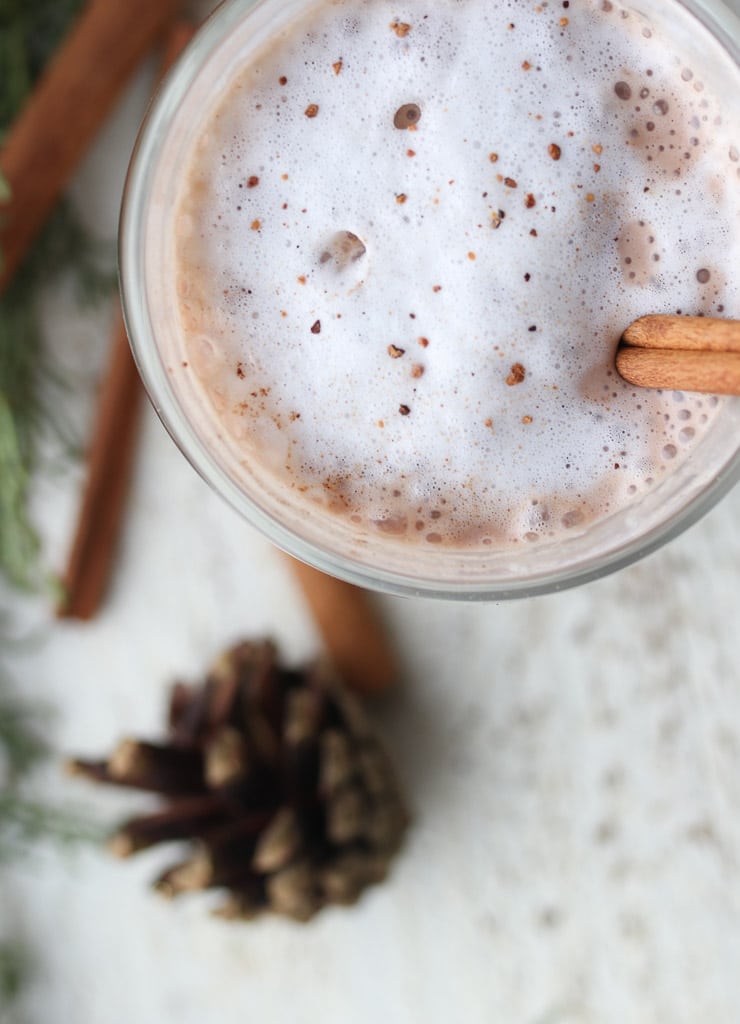 birds eye view of Egg nog in a mug garnished with cinnamon sticks. 