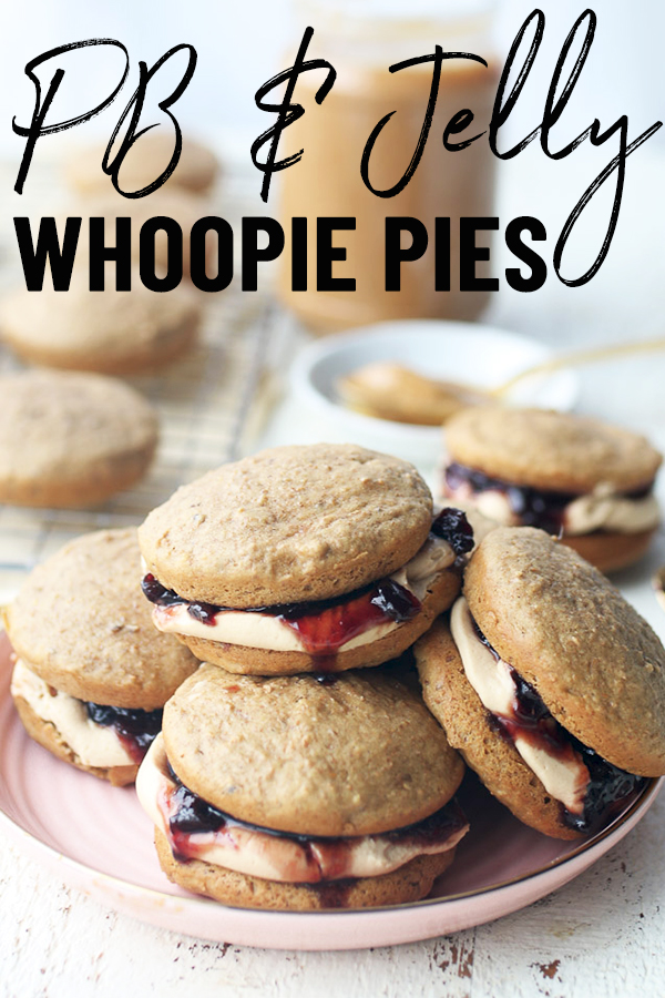 Pile of whoppie pies with peanut butter filling served on a white plate.