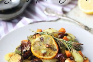 Gnocchi and vegetables on a plate.