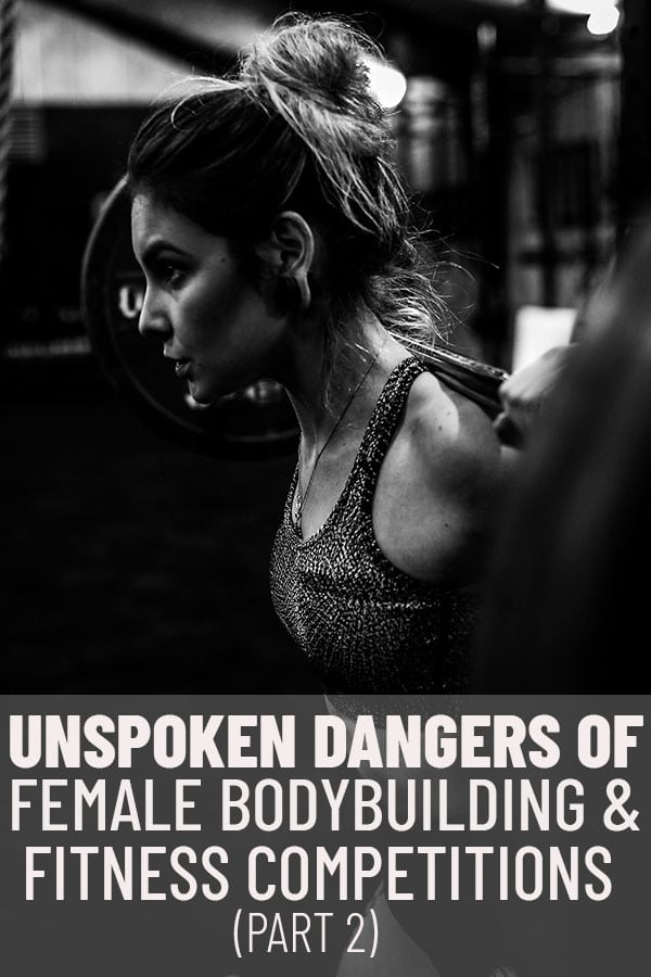 pinterest image of female body building lifting weights with text overlay