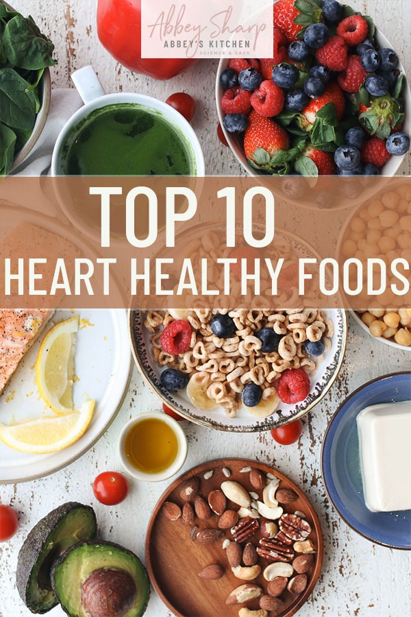 pinterest image of birds eye view of foods for a heart healthy diet with text overlay