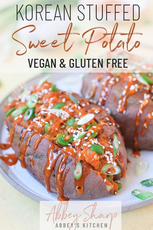 pinterest image of Korean stuffed sweet potato topped with green onion and sesame seeds with text overlay 