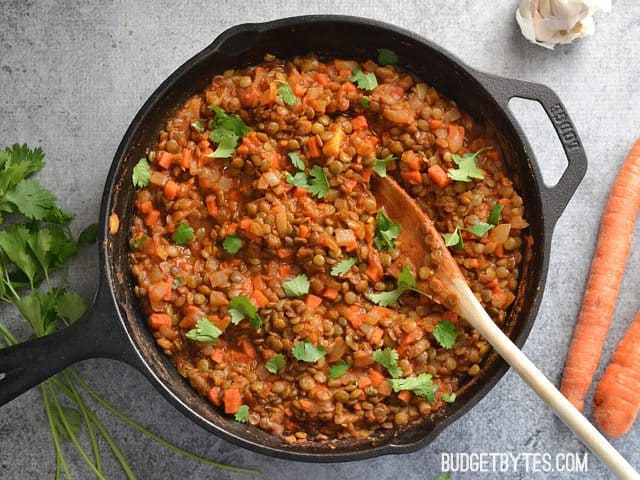 birds eye view of a large black pot containing curried lentils garnished with fresh herbs 