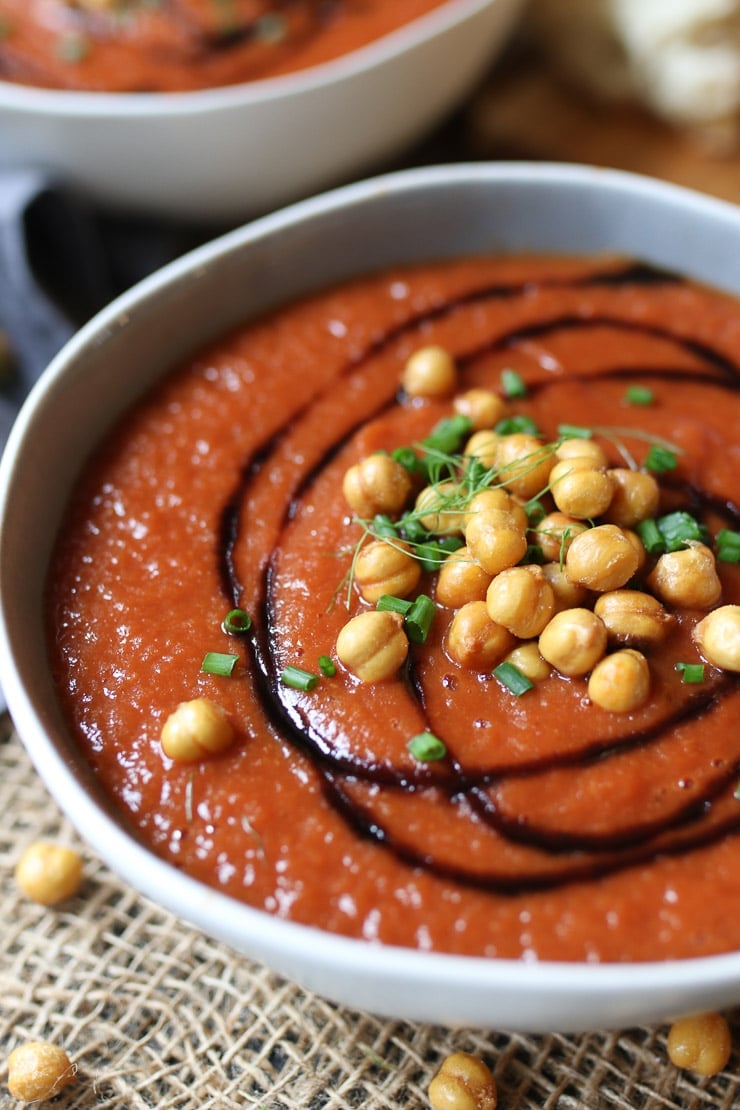 tomato vegan soup recipe topped with chickpeas 