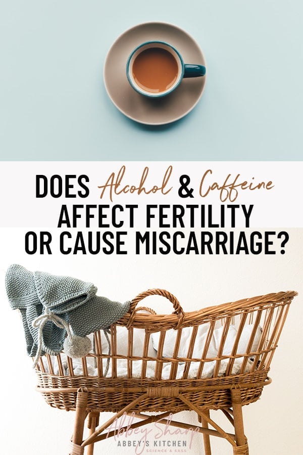 image of coffee cup above and baby carriage below with superimposed font that says "does alcohol & caffeine affect fertility or cause miscarriage?"
