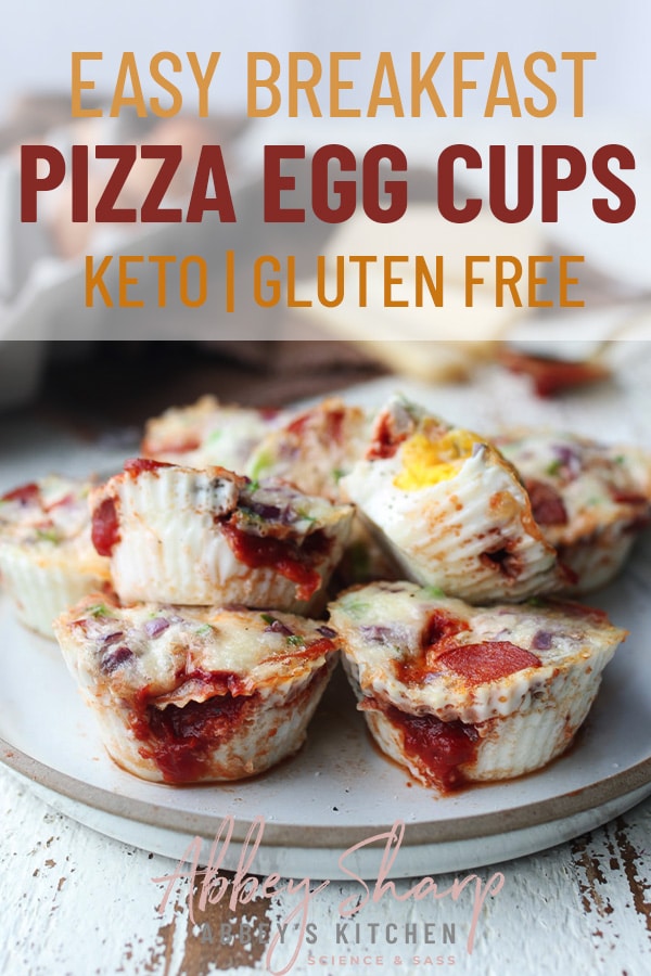 pinterest image of pizza style breakfast egg cups on a white plate 