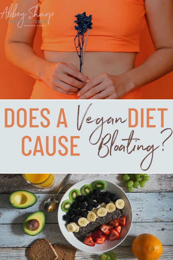 pinterest image of image of woman with orange crop top holding a flower above an image of a fruit bowl with superimposed text reading "does a vegan diet cause bloating?"