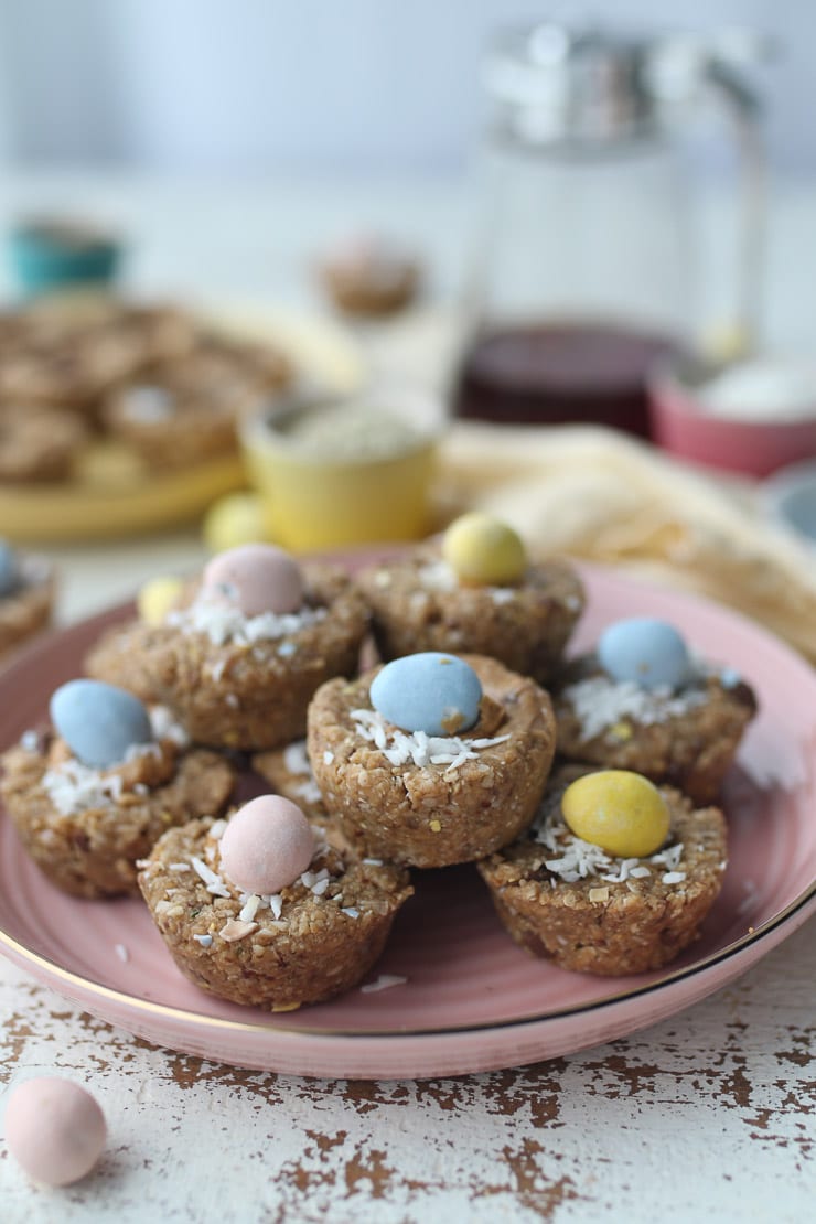 no bake mini egg cups on a pink plate 