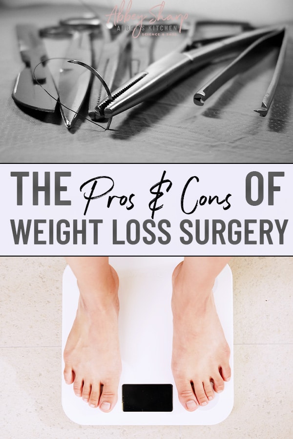 pinterest image of surgical tools used for weight loss surgery above another image of a person standing on a scale to measure body weight, with text overlay