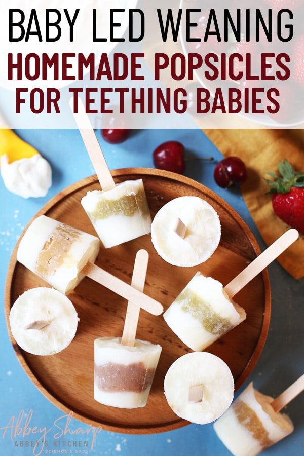 pinterest image of baby popsicles on a wooden plate with text overlay