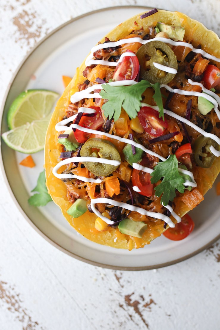 birds eye view close up of vegan burrito bowl with spaghetti squash noodles 