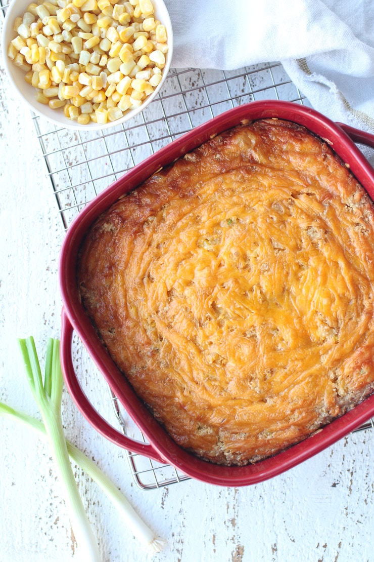 birds eye view of vegan spoonbread made with corn