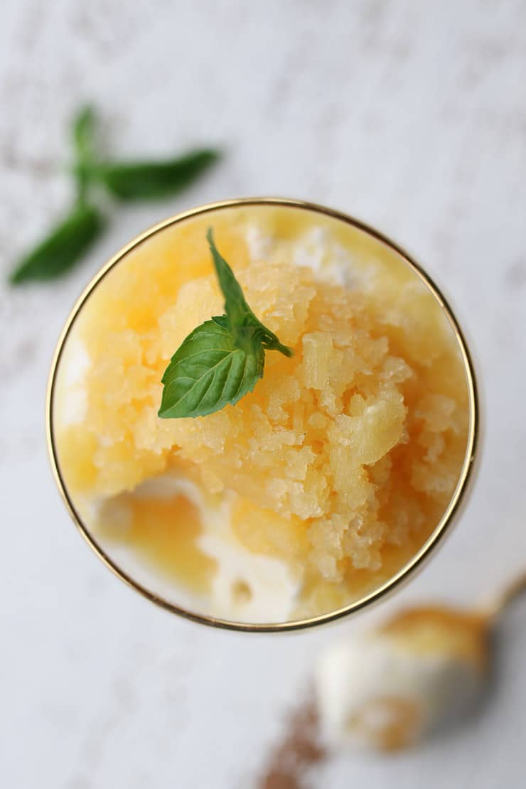 birds eye view close up of granita made with florida orange juice topped with a basil leaf 