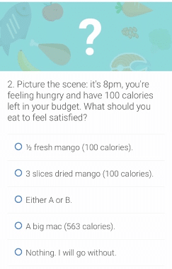 A screen shot of the Noom weight loss app showing a quiz about what to eat to meet caloric budget.