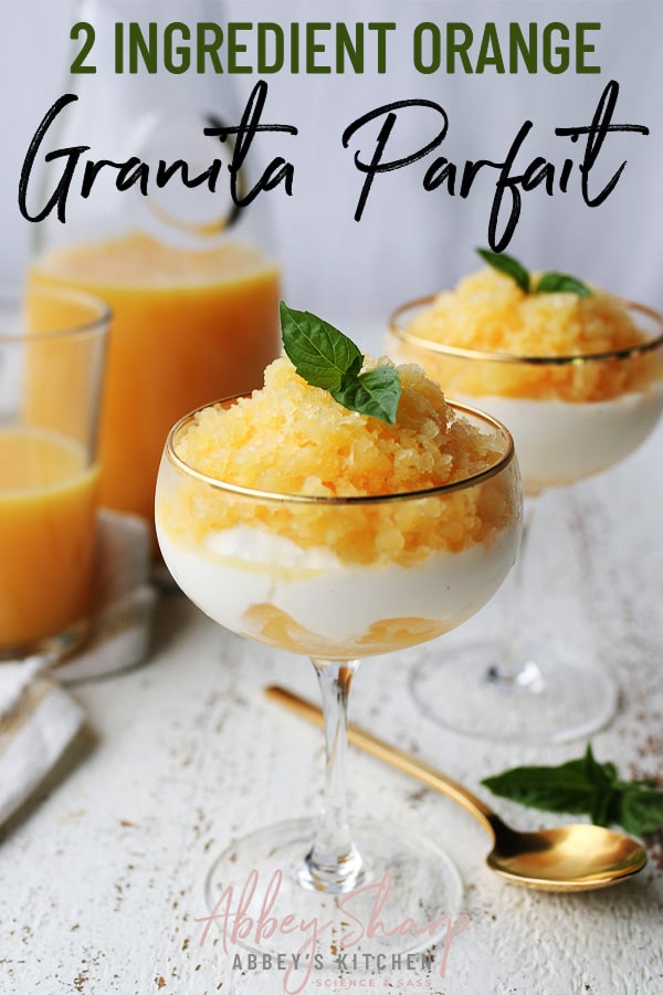 pinterest image containing four clear glasses, two are filled with two ingredient florida orange vegan granita parfait garnished with fresh mint, and two glasses contain fresh orange juice 