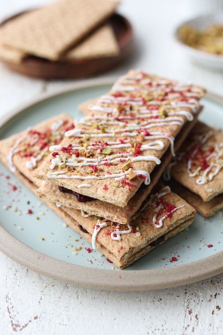 No bake pop tarts stacked on a blue plate.