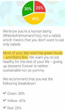 a screen shot of the noom app showing a pie chart indicating that the majority of food consumed should be "green" 