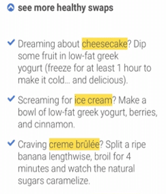 a screen shot of the noom weight loss app showing healthy swaps for cheesecake, ice cream, and creme brulee 