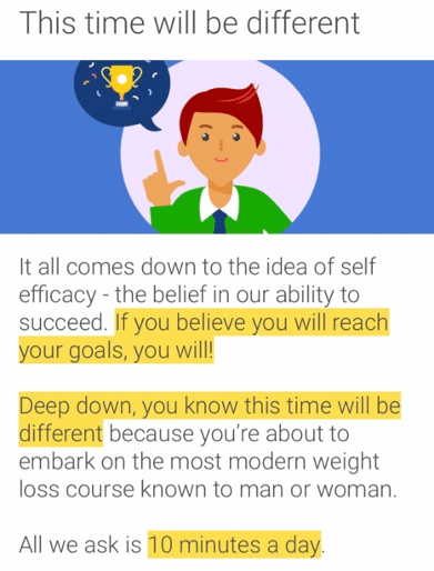 A screen shot of the noom app which talks about the importance self efficacy for goal setting.