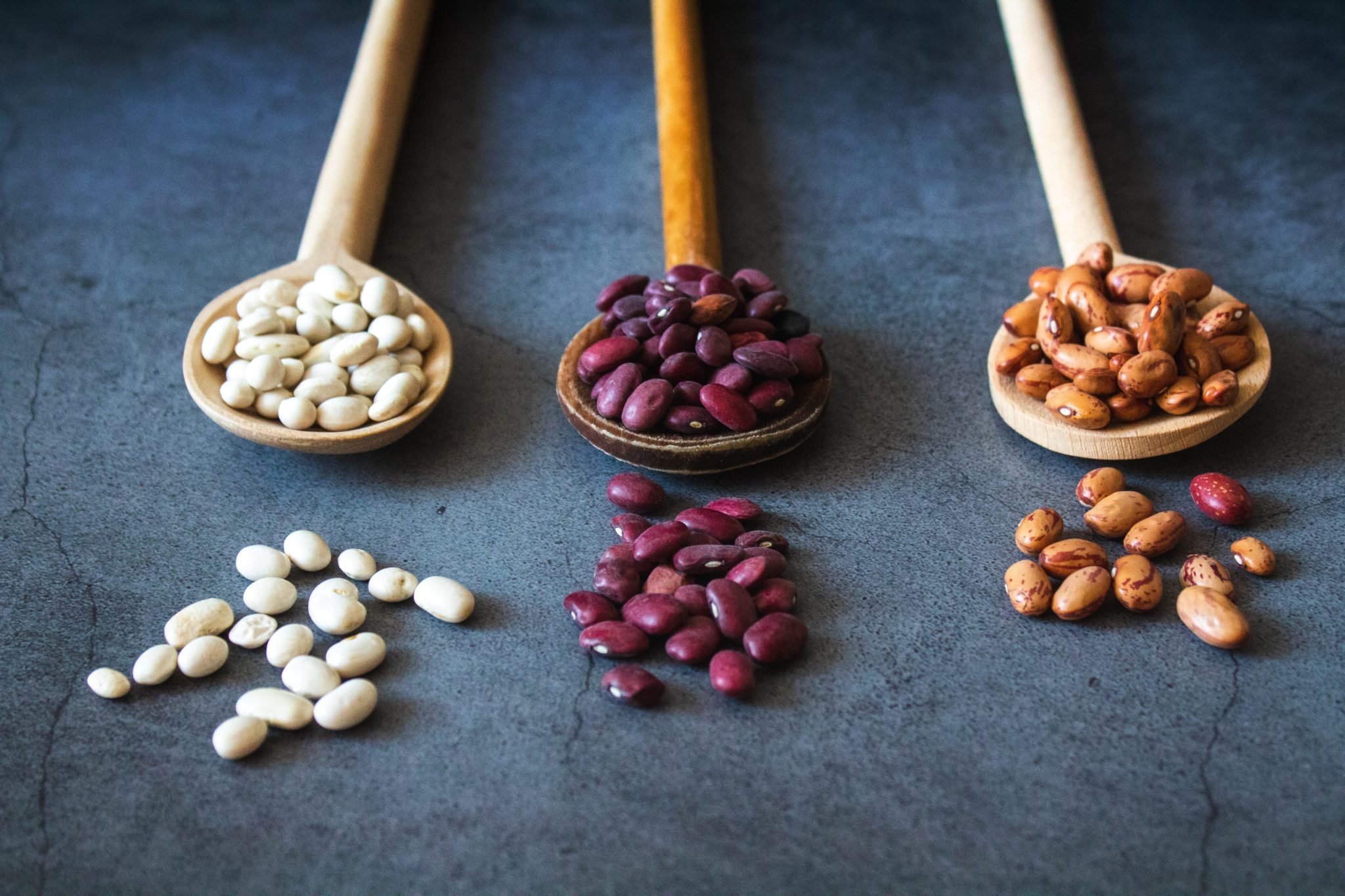 three wooden spoons holding a white, red, and brown dry kidney beans 
