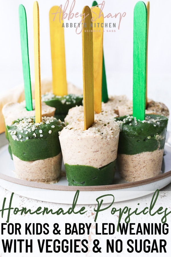 pinterest image of homemade veggie popsicles on a white plate 