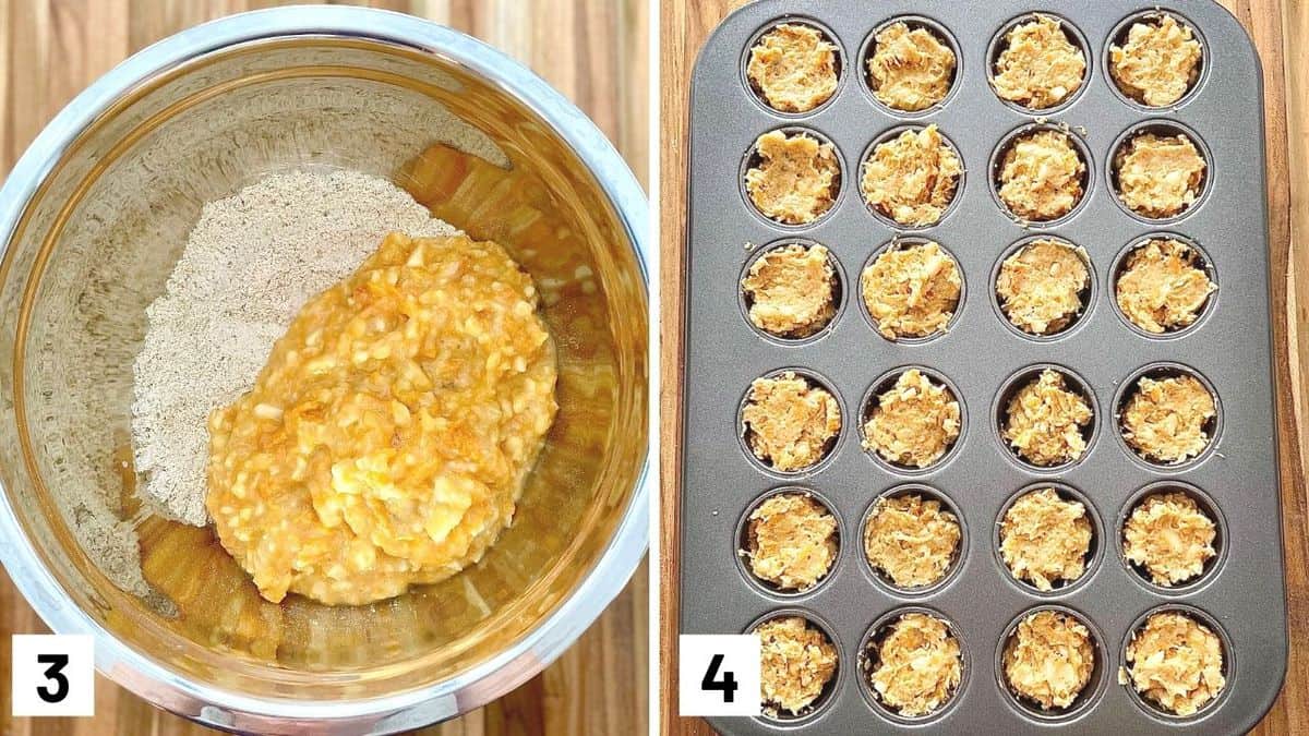 Set of two photos with wet and dry ingredients mixed together and then placed in a muffin tin.