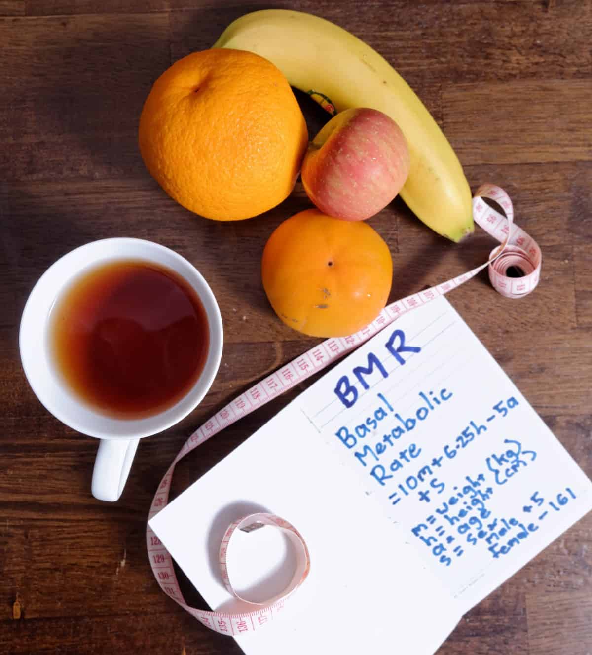 Birds eye view of notebook with metabolism calculations, fruits, tea, and measuring tape.