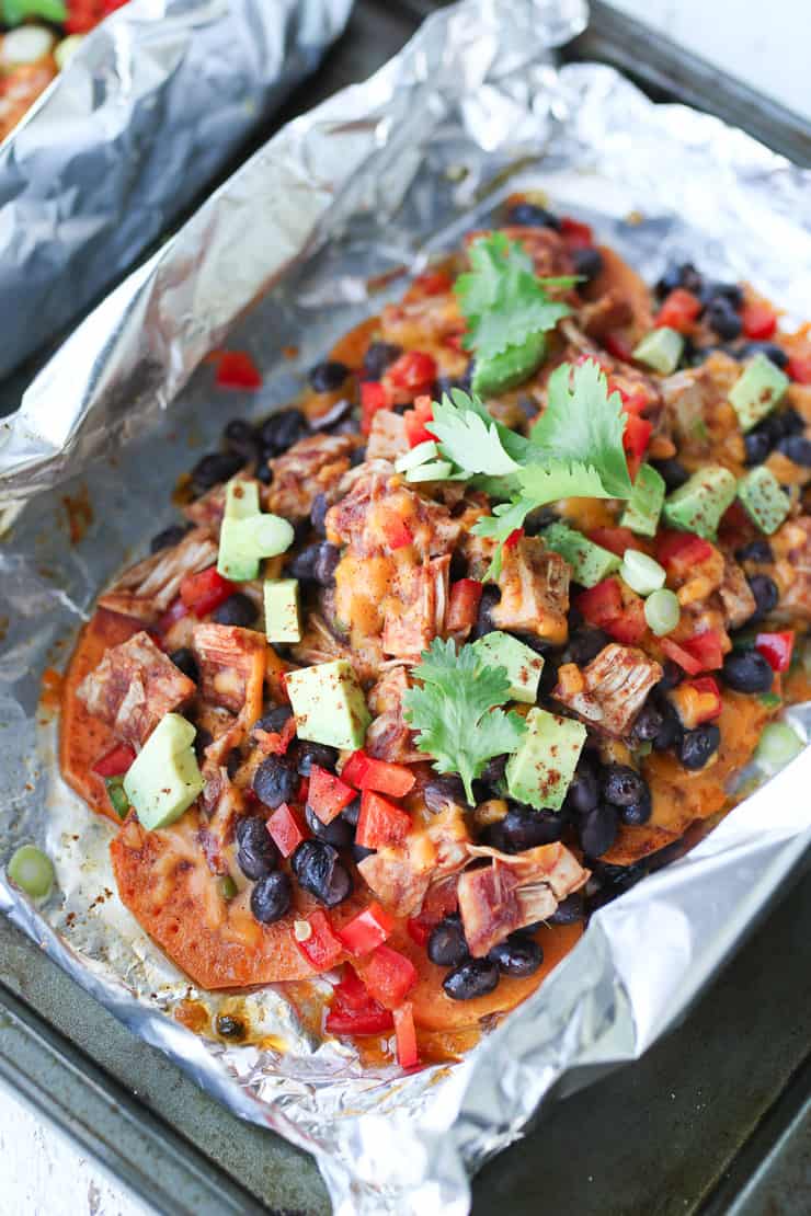 birds eye view of nachos made from sweet potato 