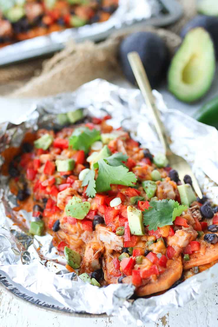 vegan sweet potato nachos in a foil pack 